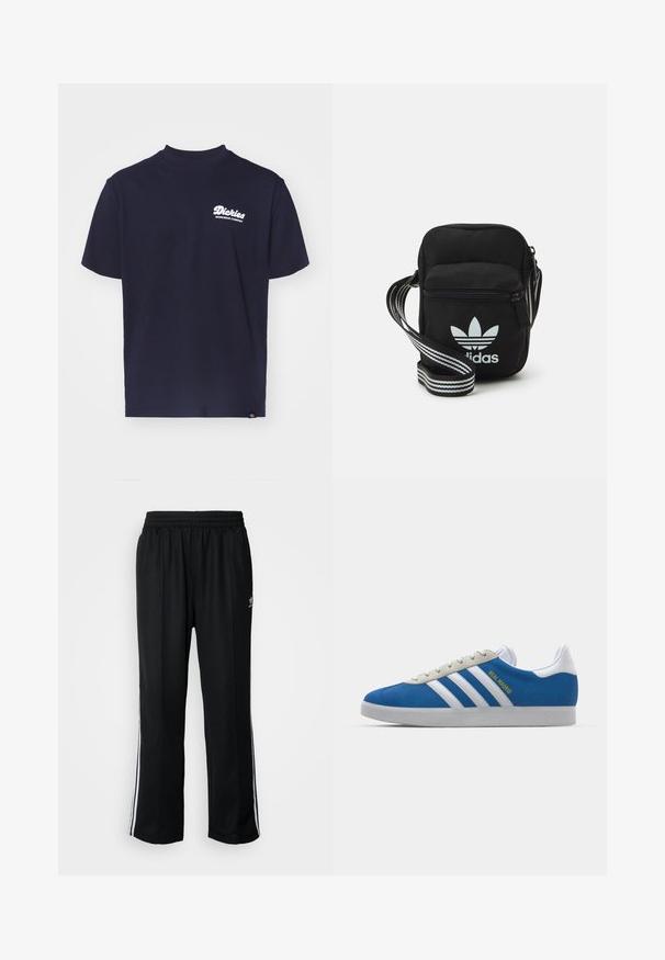 Tumši zilo kokvilnas T-kreklu ar apaļu kaklu, uz kura kreisajā krūtī atrodas balts "Dickies Workwear Company" logo, īsām piedurknēm un brīvu piegriezumu.; Melni sporta bikses ar elastīgu jostas vietu, kurām ir baltas sānu svītras un neliels logotips. Materiāls izskatās mīksts un viegls.; adidas Originals ADIDAS GAZELLE SHOES - Futbola apavi iekštelpām - real madrid/bluebird/footwear white/crew yellow; Melna auduma crossbody soma ar rāvējslēdzēja aizdari, kurai ir balts Adidas logo un svītrainas regulējamas siksnas ērtiem pārvietošanās veidiem.
