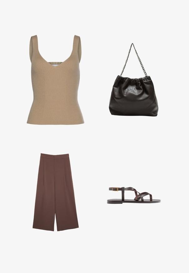 LASCANA Top - camelfarben; Pantaloni ampi marroni con una texture liscia, caratterizzati da una vita alta e pieghe frontali. Il tessuto è leggero e scorre liberamente.; Sandal in pelle marrone con cinturini incrociati, chiusura con cinturino alla caviglia e suola piatta con dettagli di cucitura minimi.; Borsa in pelle marrone con parte superiore arricciata e tracolla a catena. Texture liscia con finitura lucida e dettagli di cucitura sottili sui lati.