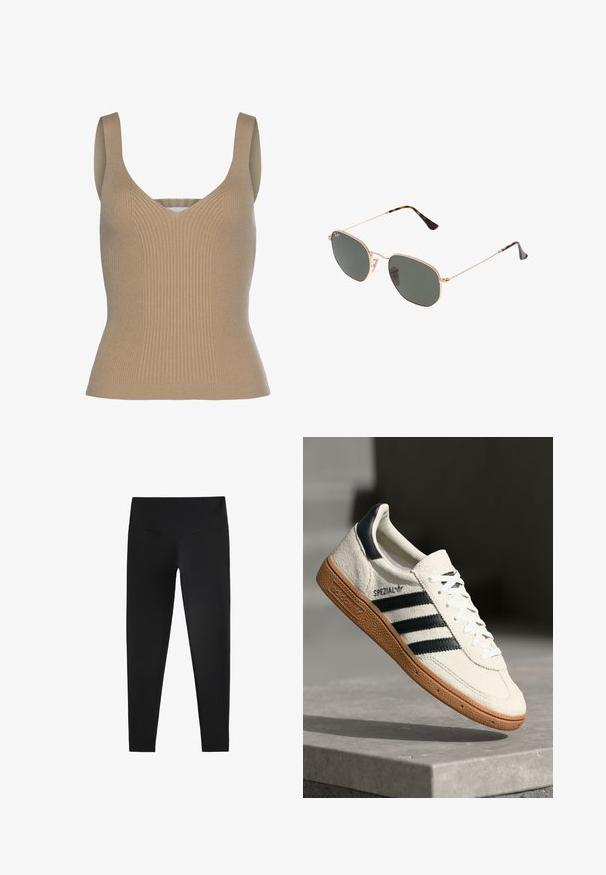 LASCANA Top - camelfarben; Sorte leggings lavet af strækbart stof, med en høj talje og en glat tekstur, designet til komfort og fleksibilitet.; Hvide ruskinds sneakers med marineblå striber, gummisål, struktureret overdel, rund tå og snøring; har branding på siden og tungen.; Guldmetallisk brille med mørkegrønne linser, aviator-stil, med slanke arme og skildpadde-mønstrede detaljer på spidserne.