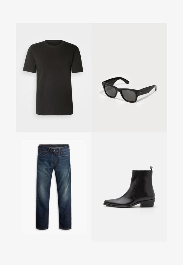Black cotton t-shirt featuring a classic crew neck and short sleeves, with a subtle logo accent on the chest, smooth texture.; Dark blue denim jeans with slight fading on the thighs, five-pocket design, button closure, and visible orange stitching on a white background.; Zign LEATHER - Cowboy/biker ankle boot - black; Black sunglasses with a square frame, featuring dark lenses. Accented with small gold dots and a gold logo on the temple. Smooth texture.