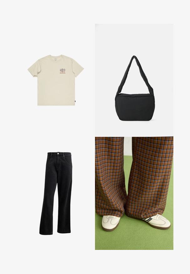 Beige bomuld t-shirt med et lille, multicolor grafisk motiv på brystet. Rund hals og korte ærmer. Løs pasform med sidelabel.; Sorte denim jeans med straight-leg design, der har frontlommer, en knaplukning og en let tekstur. Inkluderer en diskret logo detalje.; Brune og blå ternede brede benbukser parret med hvide sko med sorte accenter og strukturerede såler, sat mod en grøn baggrund.; Sort skuldertaske med en polstret tekstur, en rund form og et bredt rem, præget med et logo på forsiden.