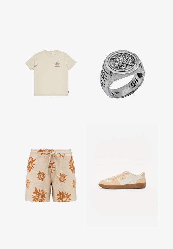Beiges kokvilnas T-krekls ar mazu, daudzkrāsainu grafiku uz krūšu daļas. Apļveida kakla izgriezums un īsas piedurknes. Brīva piegriezuma ar sānu etiķeti.; Beige dvieļu šorti ar saules un yin-yang rakstu rūsējošā apelsīna krāsā. Elastīga josta ar auklu, mīksta tekstūra un vidukļa garums līdz augšstilbiem.; Bēši sporta apavi ar zamša un ādas augšdaļu, ar vieglu krēmkrāsu paneli, brūniem akcentiem un teksturētu gumijas zoli. Logo uz sāna.; Sterling sudraba gredzens ar apaļu, izcelto tīģera gravējumu, teksturētu joslu ar iegravētām līnijām un gludu iekšpusi.