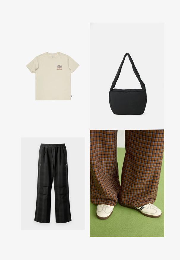 Beige bomulls t-skjorte med et lite, flerfarget grafikktrykk på brystet. Rund hals og korte ermer. Avslappet passform med sidemerking.; Svarte rutete bukser med elastisk midje, to frontlommer og løs passform med rett ben-design. Laget av lett materiale.; Brune og blå rutete vide bukser sammen med hvite sko med svarte detaljer og teksturerte såler, satt mot en grønn bakgrunn.; Svart skulderveske med polstret tekstur, rund form og bred stropp, med et preget logo på forsiden.