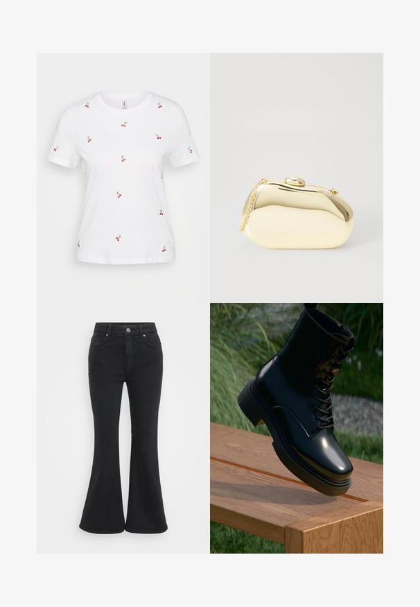 Balta medvilnės marškinėliai trumpomis rankovėmis, dekoruoti išsibarsčiusiais raudonais vyšnių siuvinėjimais; apvalus iškirpimas; minkšta tekstūra; laisvas siluetas.; Juodos plačios džinsinės kelnės su aukštu liemeniu, su mygtuko užsegimu, priekinėmis kišenėmis ir lygiu, matinio paviršiaus apdaila.; Juoda patentinė odinė aulinukė su apvaliu pirštu, raišteliais priekyje ir storu padu, pasižyminti lygiu tekstūros ir blizgiu paviršiumi.; Metalinis auksinis rankinukas su glotnia, suapvalinta forma, turintis viršutinį mygtuko užsegimą ir mažą grandinėlės dirželį nešiojimui.