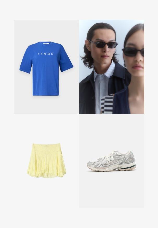 Blauwe katoenen t-shirt met ronde hals, korte mouwen en het woord "FEMME" in het wit gedrukt over de borst. Soepele textuur, relaxed fit.; Gele klokrok gemaakt van gestructureerde stof, met een gelaagd ontwerp en een iets onregelmatige zoom. Lichtgewicht en luchtige uitstraling.; Hardloopschoenen met een zilver-witte mesh bovenkant en een groene accent. De zool is dik en gestructureerd, ontworpen voor demping en ondersteuning.; Zwarte zonnebril met hoekige monturen gedragen door een man en vrouw. De man heeft een blauw-wit gestreept shirt onder een donkere jas aan; de vrouw draagt een donkere, patroon top.; Beige leren draagtas met twee korte handvatten, een verwijderbare schouderriem en een decoratieve gouden accent op het voorpaneel.; Gouden rechthoekige horloge met een parelmoer wijzerplaat, Romeinse cijfer uurmarkers, datumanzeige en een schakelarmband ontwerp.