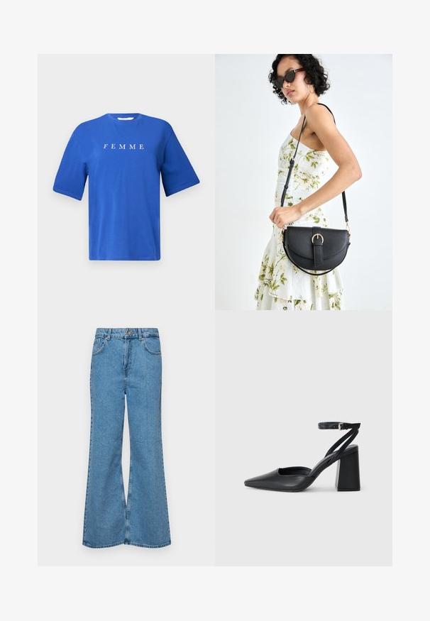 Tricou din bumbac albastru, cu guler rotund, mâneci scurte și cuvântul "FEMME" imprimat în alb pe piept. Textură netedă, croială lejeră.; Jeanși evazați de culoare albastru deschis, din denim, cu talie înaltă, cinci buzunare și închidere cu un singur buton. Textură moale cu un finisaj decolorat.; Pantofii cu toc ascuțit din piele neagră, cu breteaua pentru glezne și toc gros. Textură netedă, design elegant și estetică minimală.; Geantă din piele neagră, cu o formă curbată, curea detașabilă și accesorii aurii. Geanta are un capac cu un detaliu tip cataramă.