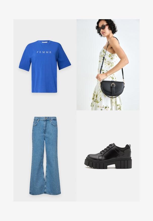 Modrá bavlnená tričko s okrúhlym výstrihom, krátkymi rukávmi a bielym nápisom "FEMME" na hrudi. Hladká textúra, voľný strih.; Svetlomodré rozšírené džínsy vyrobené z denimu, s vysokým pásom, piatimi vreckami a jednopoložkovým zapínaním na gombík. Mäkká textúra s vyblednutým povrchom.; Čierne kožené platformy s masívnym blokovým podpätkom, okrúhlou špičkou a tradičným šnurovaním. Má hladký povrch a minimálne detaily.; Čierna kožená kabelka s zaobleným tvarom, odnímateľným popruhom a zlatými doplnkami. Kabelka má klopu s detailom s prackou.