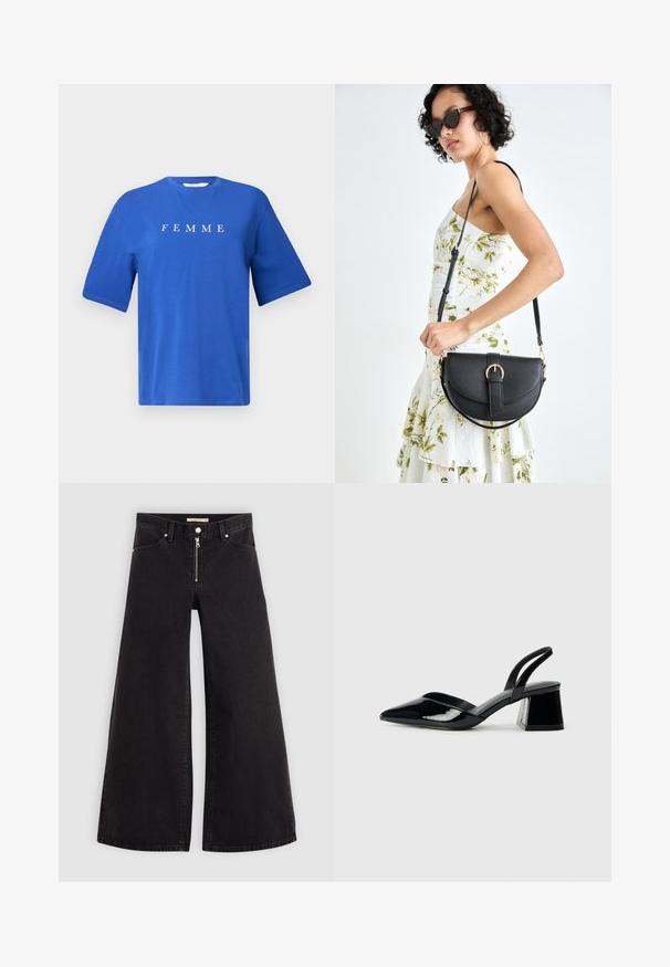 Blue cotton t-shirt with a crew neck, short sleeves, and the word "FEMME" printed in white across the chest. Smooth texture, relaxed fit.; Wide-leg jeans in black denim with a zippered front, five-pocket design, and subtle stitching details. Smooth texture and casual style.; Black patent leather slingback heels with a pointed toe and a geometric block heel. Features a sleek, minimal design and smooth texture.; Black leather handbag with a curved shape, detachable strap, and gold hardware. The bag features a flap with a buckle detail.
