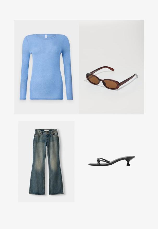 Tricou albastru deschis cu mânecă lungă, confecționat dintr-o țesătură moale și ușoară. Dispune de un guler rotund și un design ajustat. Fără modele sau accente vizibile.; Jeans evazați albaștri cu o spălare decolorată, cinci buzunare și închidere cu nasture. Materialul arată o textură de denim cu detalii de cusătură subtile.; Sandale negre cu toc, având un design elegant, curele subțiri și un toc triunghiular unic. Textură netedă și un aspect minimalist.; Ochelari de soare rotunzi, cu nuanțe de brown și cu un cadru lucios de burgund. Brațe subțiri cu detalii subtile de branding. Design cu lentile plate.