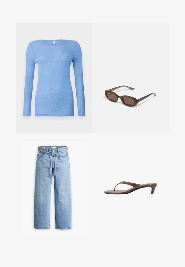 Vaaleansininen pitkähihainen t-paita pehmeästä, kevyestä kankaasta. Ominaisuuksina pyöreä kaula-aukko ja tiukka muotoilu. Ei näkyviä kuvioita tai korostuksia.; Vaaleansiniset farkut leveillä lahkeilla, joissa on korkea vyötärö, nappi- ja vetoketjukiinnitys sekä narutasku vyötäröllä. Raaka helma.; Kahvoit varrelliset flip-flop sandaalit, joissa on hoikka hihna ja pyöristetty varvasosa, sekä pieni kultainen yksityiskohta pohjalla.; Ruske oválne slnečné okuliare s tmavými sklami. Rám je vyrobený z priesvitného hnedého materiálu a na stranách má potlačené logo.