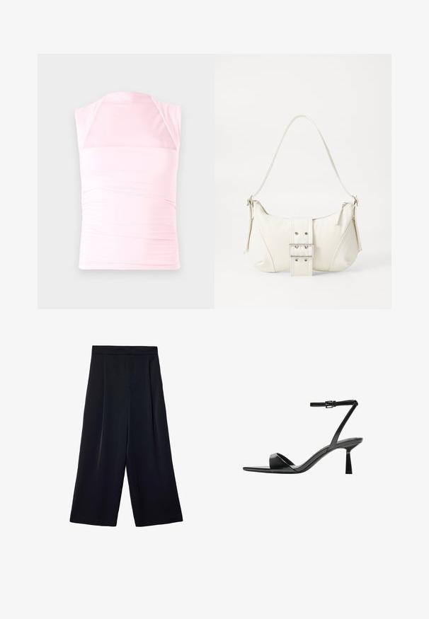 Svetloružový top bez rukávov vyrobený z elastického materiálu, s nariaseným dizajnom na bočných stranách a nízkym, halterneck štýlovým výstrihom.; Široké čierne nohavice vyrobené z ľahkého materiálu. Majú skladaný predok, vysoký pás a voľný strih okolo nôh.; Bershka Sandále na vysokom opätku - black; Biela taška cez rameno s textúrovaným povrchom, centrálnou prackou a zakriveným tvarom. Zipsy na oboch stranách.