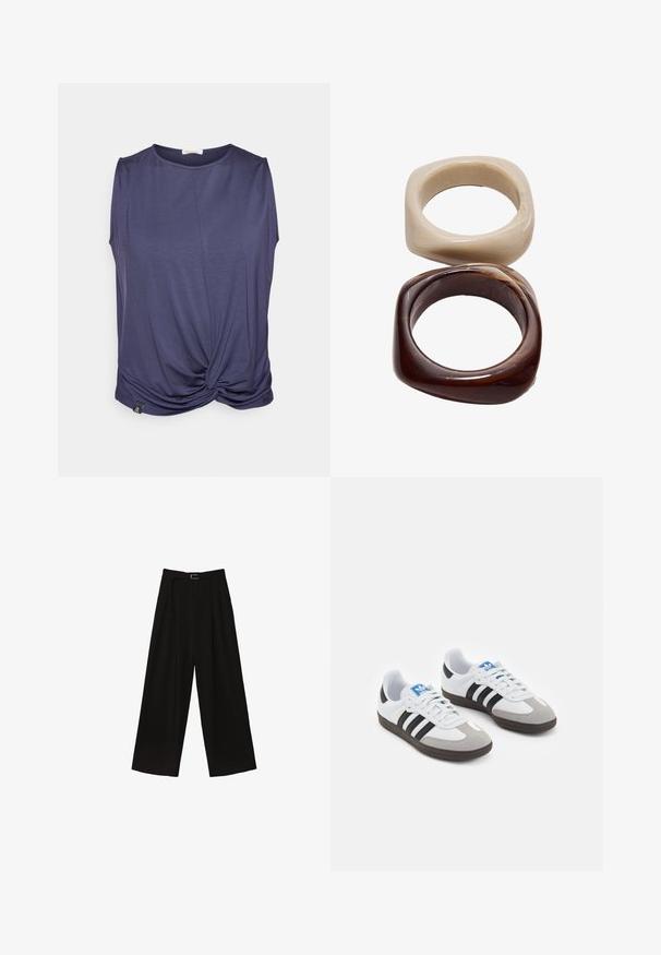 Yogasearcher TWISTED - Linne - navy; Svarta vida byxor med hög midja, med ett bälte i midjan och veck för textur. Tillverkade av ett slätt, lätt material.; Sportskor med överdel i vit läder, grå mocka på tårna och tre svarta ränder. Har en blå logotyp på tungan och en texturerad gummisula.; Stradivarius SET - Armband - dark brown