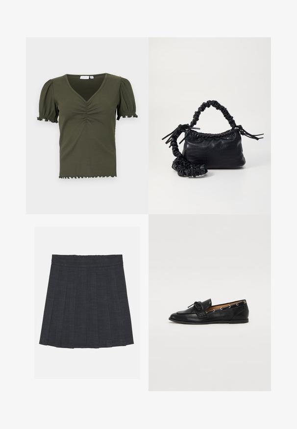 Top verde oliv, cu dungi, cu decolteu în V, mâneci scurte tip puff și detalii fronsate la piept. Marginile de la tiv și mâneci sunt desfăcute.; Fustă plisată de culoare gri închis, cu un elastic în talie, având un material texturat și o siluetă clasică în A. Potrivită pentru ținute casual.; Mocasini din piele neagră cu fundiță legată, având accente aurii sub formă de ochiuri pe laterale și o talpă plată din cauciuc. Textură netedă, design clasic.; Geantă din faux leather neagră cu textură de crocodil, cu partea superioară strânsă și o curea mototolită. Pare moale și compactă ca design.