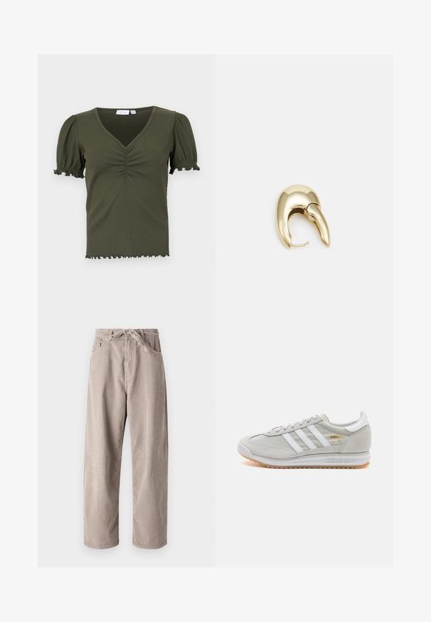 Olivgrön, ribbad topp med V-ringning, korta puffärmar och samlad detaljer vid bröstet. Fransade kanter på hemmet och ärmarna.; Beigefärgade kordflorsebyxor med lös passform, med dragsko i midjan, två framfickor och vertikal ribbad textur.; Ljusgrå sneaker i mocka och mesh, med tre vita ränder, rund tå och en sula av gummi. Guldlogotyp som accent vid snörningen.; Örhänge i guldtonad metall med en elegant, böjd design. Har en distinkt spetsig form, polerad yta och gångjärnslås.