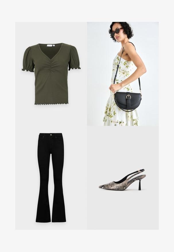 Olive green, ribbed top with a V-neck, short puff sleeves, and gathered detailing at the chest. Frayed hem and sleeve edges.; Black high-waist jeans with a button and zip closure, front pockets, and flared legs laid flat on a white background.; Pointed-toe slingback shoes made of textured snake print material, featuring a slender black heel and a cutout design on the sides.; Black leather handbag with a curved shape, detachable strap, and gold hardware. The bag features a flap with a buckle detail.