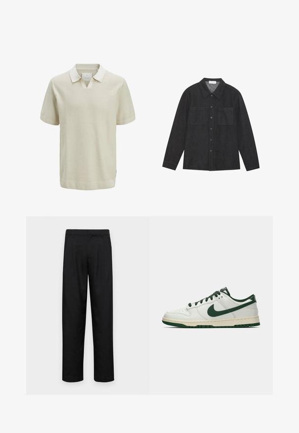 Īsām piedurknēm bežs polo krekls ar teksturētu adījuma rakstu, kontrastējošu apkakli un ribotiem padziļinājumiem. Iekļauj V veida kaklu un sānu malu akcentus.; Tumši pelēks krekls, kas izgatavots no struktūrētas auduma, ar norādītu apkakli, pogu priekšpusi un divām krūšu kabatām. Garas piedurknes ar pogām.; Melnas bikses, izgatavotas no gludas auduma, ar taisnu kāju dizainu, divām priekšējām krokām un standarta jostu, kurai ir āķi.; Balti zemāko tenisa apavu ar tumši zaļu Nike swoosh, auklām un zoles akcentiem, parādīti profila skatījumā uz vienkrāsaina baltā fona.