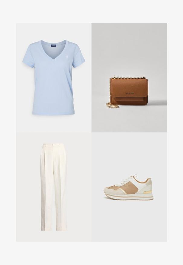 Polo Ralph Lauren COTTON JERSEY V-NECK T-SHIRT - Βασικό μπλουζάκι - office blue; Polo Ralph Lauren HEMP WIDE LEG PANT - Παντελόνι - nevis; Λευκά και μπεζ αθλητικά παπούτσια με χρυσές λεπτομέρειες, υφή ύφασμα και λείο δέρμα. Διαθέτουν χοντρή σόλα και σχέδιο με κορδόνια.; Καφέ δερμάτινη τσάντα χιαστί με υφή, με χρυσή αλυσίδα στον ιμάντα και κλείσιμο με καπάκι. Στο μπροστινό μέρος υπάρχει λεπτομέρεια με λογότυπο και μία τσέπη κάτω από το καπάκι.
