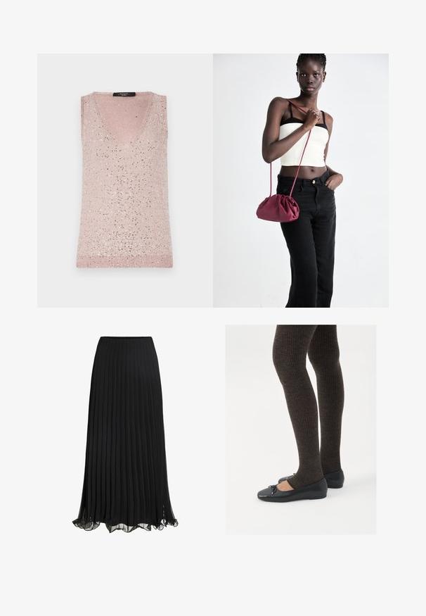 Top bez rukava u svijetlo ružičastoj boji s V-izrezom i rebrastom teksturom, sraspršenim srebrnim sequinama za blistav detalj.; Bijela kratkotrajna majica s V-izrezom koja ima delikatnu čipkastu obrubu oko izreza i rubova rukava, izrađena od lagane tkanine.; Crna plisirana maxi suknja od lagane tkanine s lepršavim dizajnom. Ima volanasti rub i elastičnu ureznicu za udobnost.; Crne ravne cipele s malim mašnom na vrhu prstiju, uparene s tamnosmešnim rebrovanim čarapama. Cipele imaju glatku teksturu i nizak profil.; Bordo mekani torbeni sakupljenog dizajna s dugom trakicom, nošenom preko tijela. Model nosi bijelu kratku majicu i crne traperice.