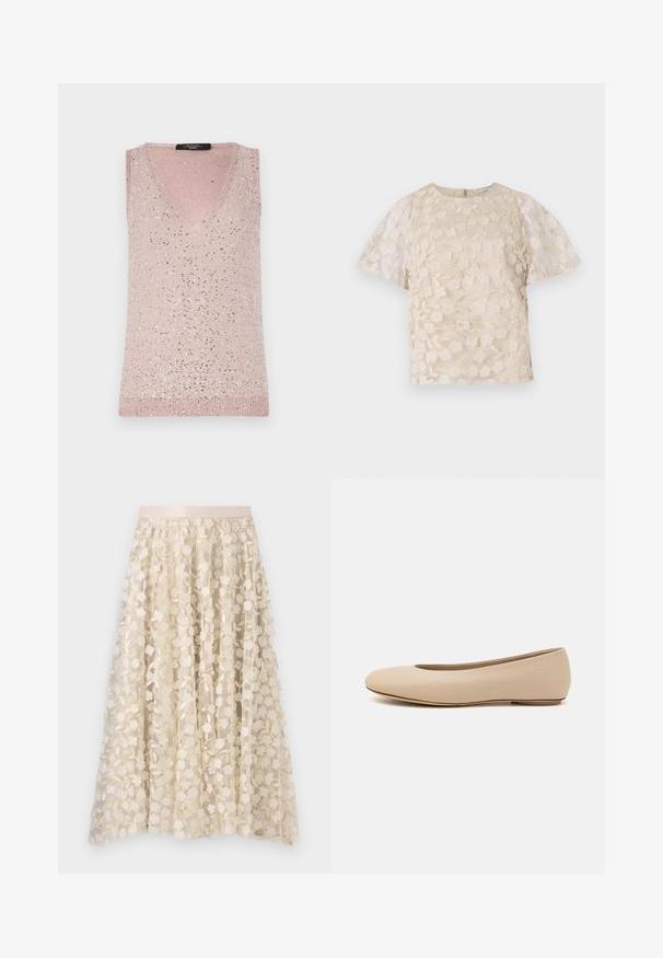 Käevarretu, V-kaelusega topp heleses roosas, ribatekstuuriga, millel on hajusalt paigutatud hõbedased sädelevad sequins.; Beez pluus lilleline tikand, läbipaistvad puffvarrukad, ümmargune kaelus ja tagumine lukuga sulgemine. Tekstureeritud lillemustriga esitahvel.; Lillene tikandid läbipaistval kreemjas seelikuärmal, millel on satiinist vöökoht. Kujunduses on väikesed, õrnad lilled ja lehed.; Beeži nahk balletitossud ümarate varvastega, minimaalse õmbluse detailiga, madala kanna ja diskreetse logoga taga. Sile, mati tekstuur.