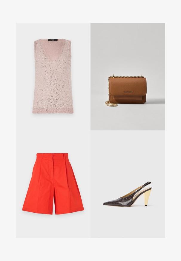 Ermeløs V-hals topp i lys rosa med ribbet tekstur, prydet med spredte sølvfargede paljetter for en funklende detalj.; Røde bomullsshorts med høy midje, med folder og vid skjæring. Glatt tekstur og rene linjer. Ingen lommer eller dekorasjoner.; Spenne-punktet hæl i mørkebrun, blank faux krokodillelær. Har en gullfarge geometrisk hæl og justerbar ankelstropp.; Brun teksturert lær crossover-veske med gullkjede-stropp og klaffelukking. Fronten har logo-detalj og en lomme under klaffen.