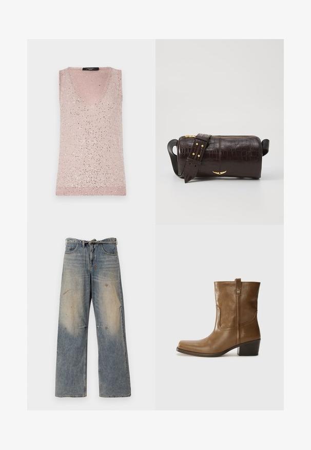 Top brez rokavov v svetlo roza barvi z V-izrezom in rebrastim vzorcem, okrašen s posutimi srebrnimi bleščicami za sijajen detajl.; Svijetloplave traperice s labavim ravnim krojem. Imaju izbledele detalje, tragove habanja i oštećenja u području koljena. Klasičan stil s pet džepova.; Rjave usnjene gležnjarje s kvadratnim nosom, teksturirano površino in nizko kvadratno peto. Imajo zadnji trak za enostavno obuvanje in subtilne šivane detajle.; Brah blaženka iz rjavega usnja z embosiranim krokodilom, cilindrične oblike, zlatih kovinskih elementov in odstranljivim pasom, ki vsebuje žebljičke.