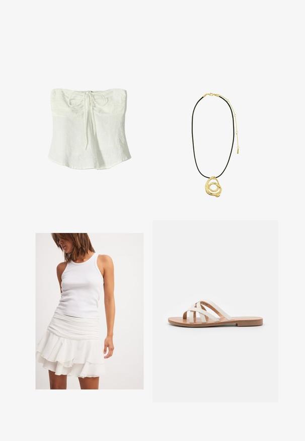 Biele ľanové bezramienkové tričko s detailom na prednom viazaní a uvoľneným, plynulým strihom. Textúrovaná látka s jemne pokrčeným vzhľadom.; Biely pruhovaný top bez rukávov v kombinácii s vrstvenou bielou sukňou s volánmi. Sukňa má na páse naťahovaný dizajn.; Ploské sandále s bielymi koženými pruhmi, prírodným koženým stielkam a svetlohnedou podrážkou. Dizajn s otvorenou špičkou, minimalistické a elegantné.; Pilgrim UNFOLD - Náhrdelník - gold