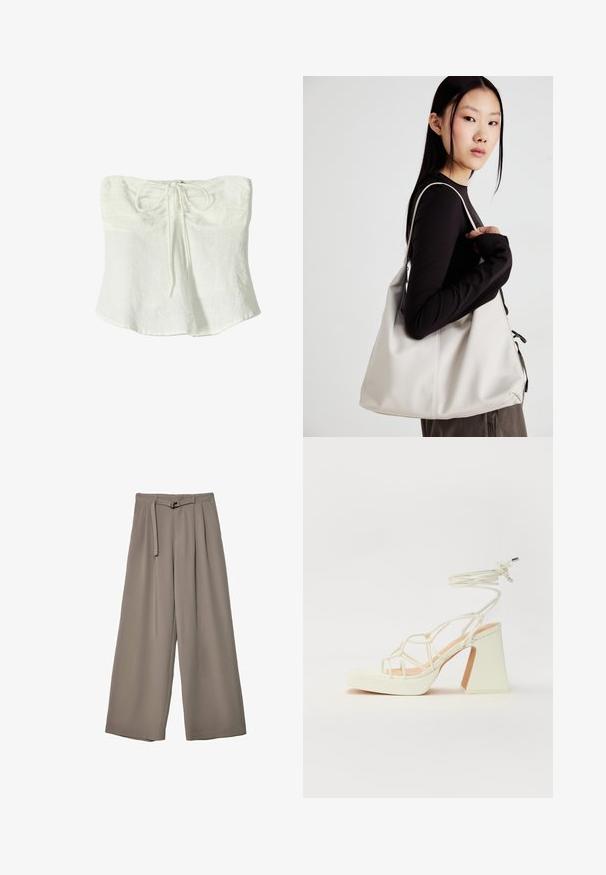 Bijela platnena bezramena bluza s prednjim vezanjem i opuštenim, lepršavim siluetom. Tekstuirana tkanina s lagano naboranim izgledom.; Široke hlače u mekoj, prigušenoj sivoj tkanini, s remenom na struku i plisiranim detaljima za dodatni dizajn. Glatka tekstura, bez uzoraka.; Bijela sandala na visokoj potpetici s debelim petom, s remenom i vezanjem oko gležnja. Glatka tekstura s platformom sprijeda za dodatnu visinu.; Bežna torba od mekog materijala s opuštenim dizajnom, šivanim detaljima i dva remena za rame. Pogodna za svakodnevnu upotrebu.