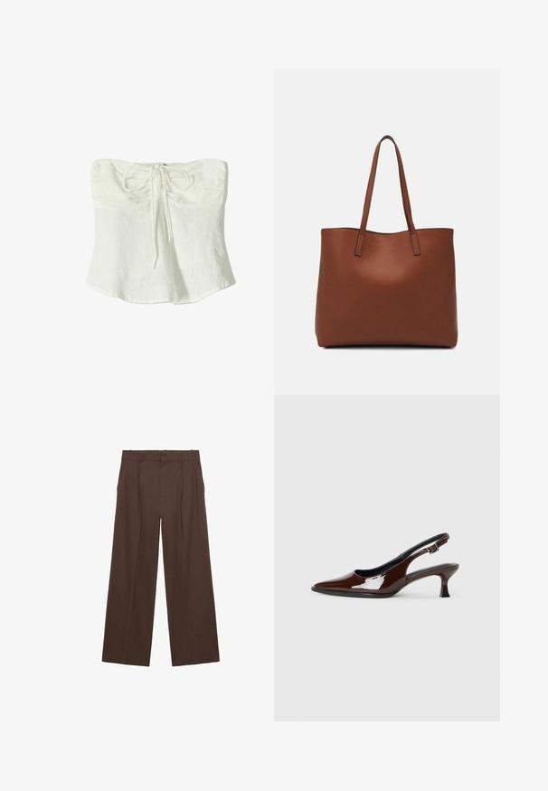 White linen strapless top with a front tie detail and a relaxed, flowing silhouette. Textured fabric with a slightly crinkled appearance.; Brown wide-leg trousers made of a smooth fabric, featuring a high waist, front pleats, and two side pockets.; Brown patent leather slingback shoe with a pointed toe and a moderate heel. Features a buckle strap for secure fit. Smooth texture.; Brown leather tote bag with a smooth texture, open top design, and two shoulder straps. Features minimal stitching and no visible hardware.