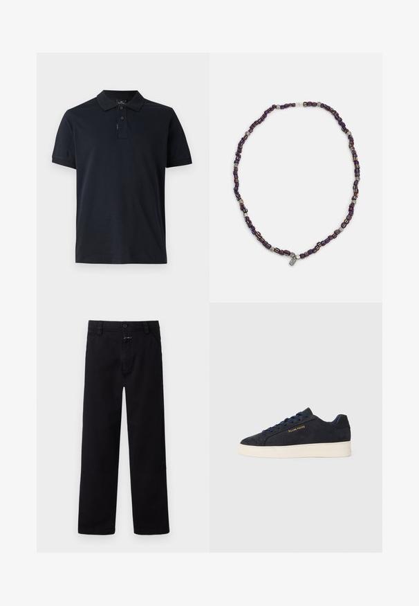 Tumši zila polo krekls, kas izgatavots no mīksta kokvilnas, ar klasisku apkakli, īsām piedurknēm un trīs pogu aizdari. Gluda tekstūra, bez rakstiem.; Melnas kokvilnas bikses ar taisnu kāju dizainu, ar priekšpusi pogu un rāvējslēdzēja aizdari, kā arī sānu kabatām. Vienkāršs un daudzpusīgs stils.; Navy zila zamšas zema augstuma kedas ar baltu zoli, navy krāsas auklām un "Filling Pieces" logo zeltā sānos.; Daudzkrāsains pērļu kaklarota ar tumši ziliem, sarkaniem un dzelteniem pērliem, starp kuriem ir sudraba akcenti un karājoša piekariņa.