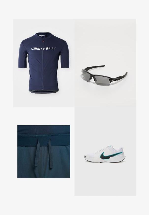 Marineblå sykkeltrøye med korte ermer, glidelås foran og hvit "castelli"-logo. Laget av glatt, elastisk stoff for komfort.; Mørkeblå treningsshorts med en glatt midje, justerbare snor og et teksturert stoff.; Hvit atletisk sko med teksturert mesh-overdel, svart gummisåle og teal Nike swoosh-detalj. Har snøring og polstret krage.; Sorte sportsbriller med grå linser, en buet rammedesign og logodetaljer på siden. Laget av lett plastmateriale.