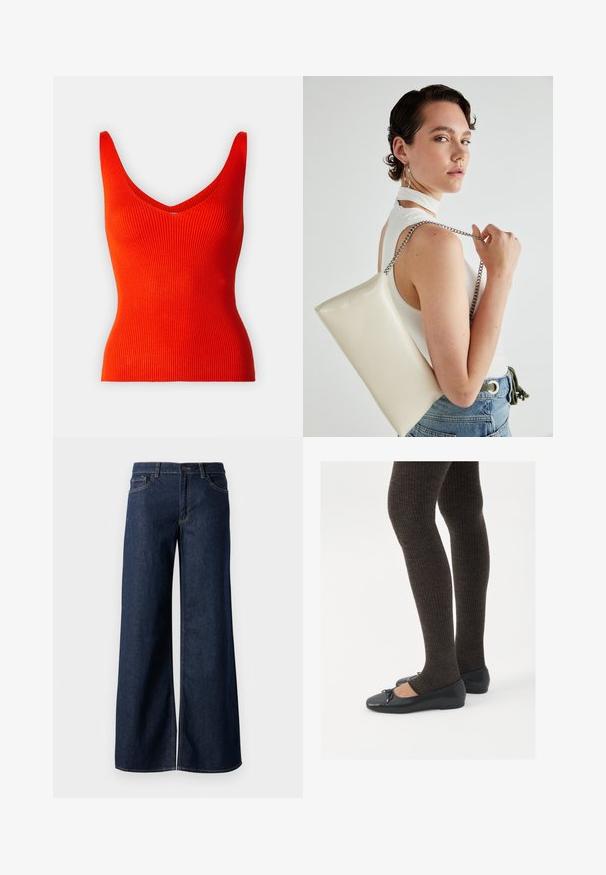Débardeur rouge côtelé avec un décolleté en V et des bretelles larges, présentant une coupe ajustée et une texture lisse.; Jean large en denim bleu foncé. Présente des coutures contrastées, cinq poches et une fermeture par bouton à la taille. Texture lisse.; Chaussures plates noires avec un petit nœud au niveau des orteils, associées à des collants côtelés marron foncé. Les chaussures ont une texture lisse et un profil bas.; Pochette rectangulaire blanche en matériau brillant, avec une bandoulière en chaîne argentée. Le modèle pose en mettant en valeur le sac contre un fond uni.