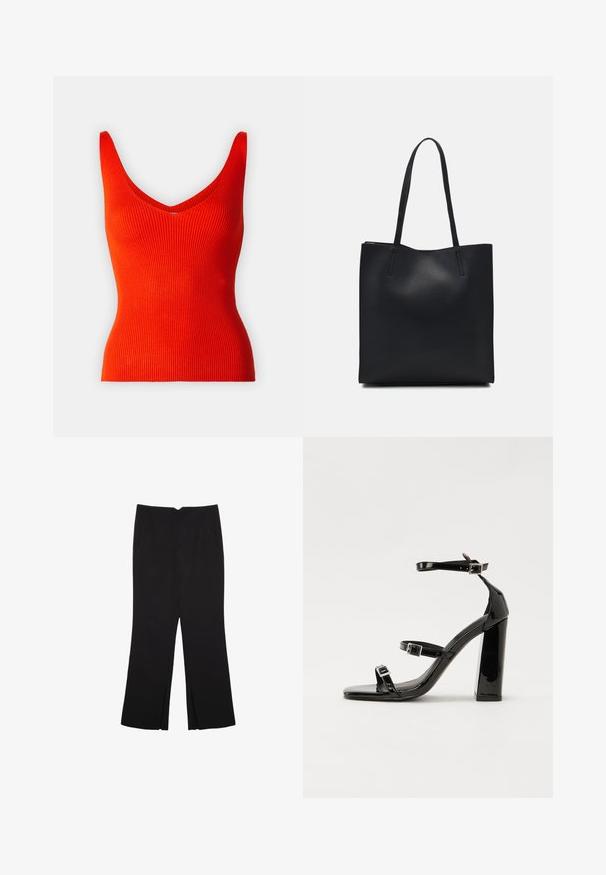 Canottiera rossa a coste con scollo a V e spalline larghe, caratterizzata da una forma aderente e una texture liscia.; Pantaloni neri a gamba dritta, con tasche frontali e spacchi laterali all'orlo. Realizzati in tessuto morbido e liscio. Adatti a diverse occasioni.; Sandali con tacco in vernice nera, con punta squadrata, cinturini alla caviglia e fibbie in argento. Presentano un tacco a blocco spesso per maggiore stabilità.; Borsa tote in pelle nera con texture liscia, forma rettangolare e due manici lunghi. Nessun hardware o decorazione visibile.