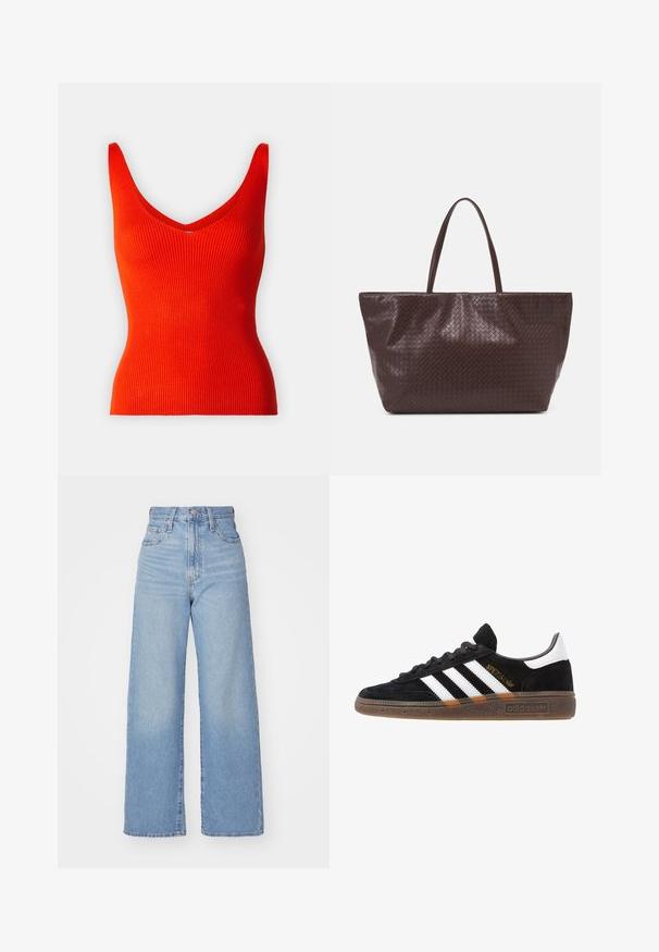 Lõhustatud punane tank top v-krae ja laia rihmaga, millel on vormitud kuju ja sile tekstuur.; Heledad sinine kõrge vöökohaga laiad teksad, ees nupp ja tõmblukk, ees ja taga taskud, valge tausta peal.; Mustad must Adidas'i sneaker valgete triipudega, kuldse "Spezial" tekstiga, kummi tallaga ja valge kontsaga, kujutatud külgvaates.; Pruun punutud nahast kott kahe käepideme ja struktureeritud kuju ning tekstureeritud pinnaga, millel on kogu ulatuses rombikujuline muster.