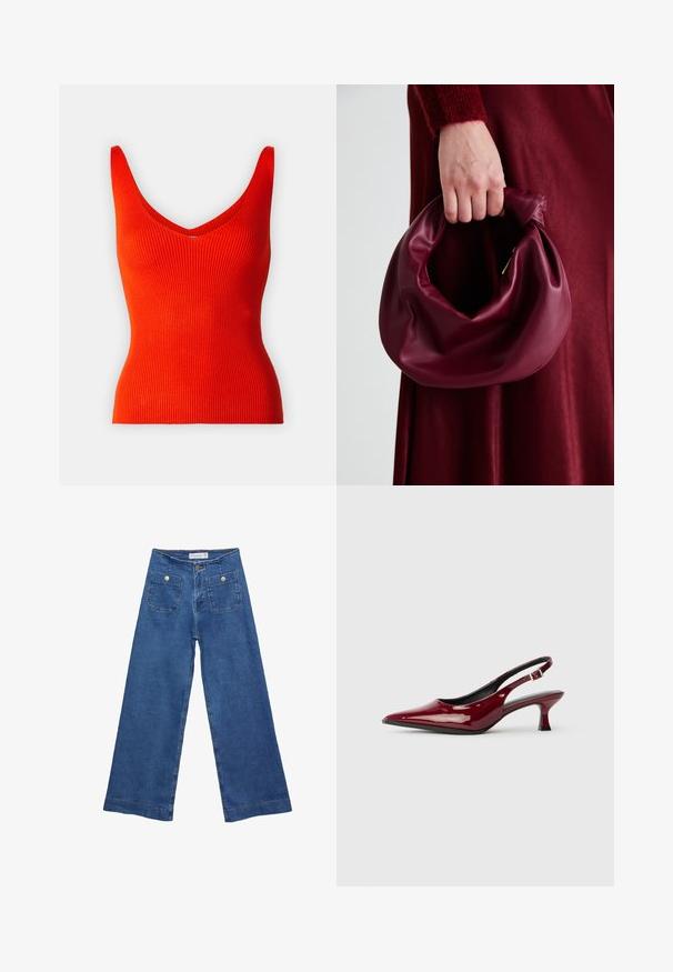 Ribbed red tank top with a v-neckline and wide straps, featuring a fitted shape and smooth texture.; Denim wide-leg jeans with a medium blue wash, two front pockets with button closures, and stitched detailing along the hems.; Burgundy patent leather slingback heels with a pointed toe and a sleek stiletto heel. Open back design with adjustable ankle strap detail.; Burgundy leather handbag with a soft, gathered design and a rounded shape. The handle is secured, showcasing a smooth texture.