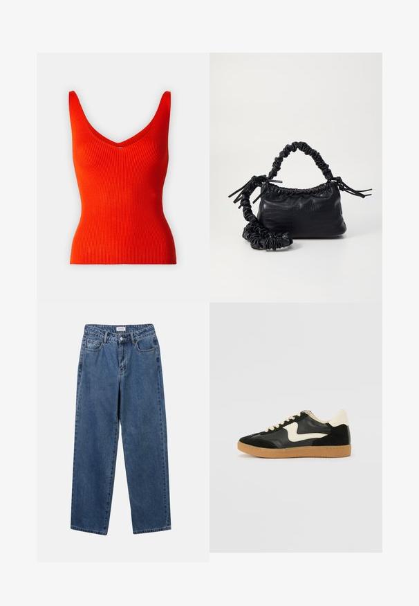 Rippenshirt in Rot mit V-Ausschnitt und breiten Trägern, mit einer figurbetonten Form und glatter Textur.; Klassische blaue Denim-Jeans mit geradem Bein, fünf Taschen und Knopfverschluss. Sie verfügen über eine mittelblau gewaschene Optik und sind aus robuster Textur.; Schwarze Wildleder- und Leder-Sneaker mit einem cremefarbenen Seiten-Swoosh und einer hellcremefarbenen Ferse. Ausgestattet mit beige Schnürsenkeln und einer Gummilaufsohle.; Schwarze Handtasche aus Kunstleder mit Krokodilstruktur, gerafftem oberen Teil und einem geschoppten Tragegurt. Sie wirkt weich und kompakt im Design.