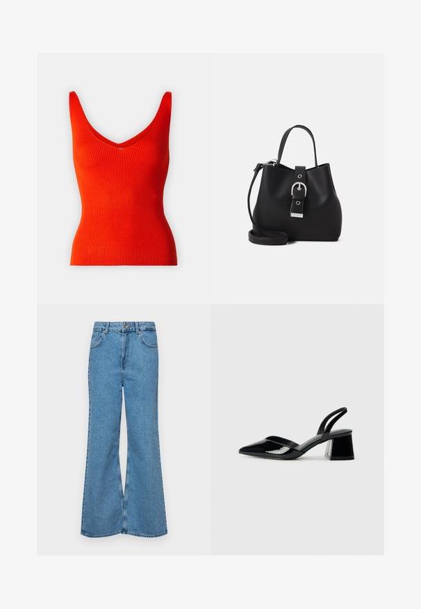 Ribbet rød tanktop med v-hals og brede stropper, der har en tætsiddende form og glat tekstur.; Lysblå flagrende jeans lavet af denim, med høj talje, fem lommer og en enkelt knaplukning. Blød tekstur med en falmet finish.; Sorte patentlæder slingback hæle med spids tå og en geometrisk blok hæl. Har et elegant, minimalistisk design og en glat tekstur.; Sorthanker taske lavet af glat læder, med en struktureret form, kort håndtag og aftagelig skulderrem. Sølvspænde detaljer.