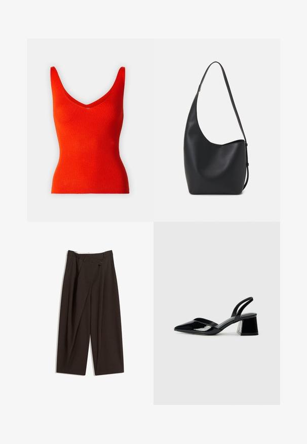 Ribbed red tank top with a v-neckline and wide straps, featuring a fitted shape and smooth texture.; Dark brown wide-leg trousers with a high waist, featuring a single button closure and a pleated front. Made from lightweight fabric.; Black patent leather slingback heels with a pointed toe and a geometric block heel. Features a sleek, minimal design and smooth texture.; Black leather hobo bag with a smooth texture, curved shape, and single adjustable strap; features a wide opening at the top.