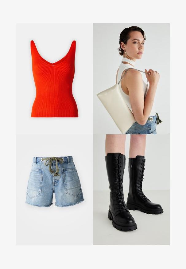 Ribbed red tank top with a v-neckline and wide straps, featuring a fitted shape and smooth texture.; Denim shorts in light blue with frayed hem. Features two back pockets and a drawstring with silver grommets for an adjustable fit.; Black leather knee-high boots with a lace-up front, side zipper, chunky rubber sole, and textured detailing on the upper.; White rectangular clutch bag made of glossy material, featuring a silver chain strap. Model poses, showcasing the bag against a plain background.