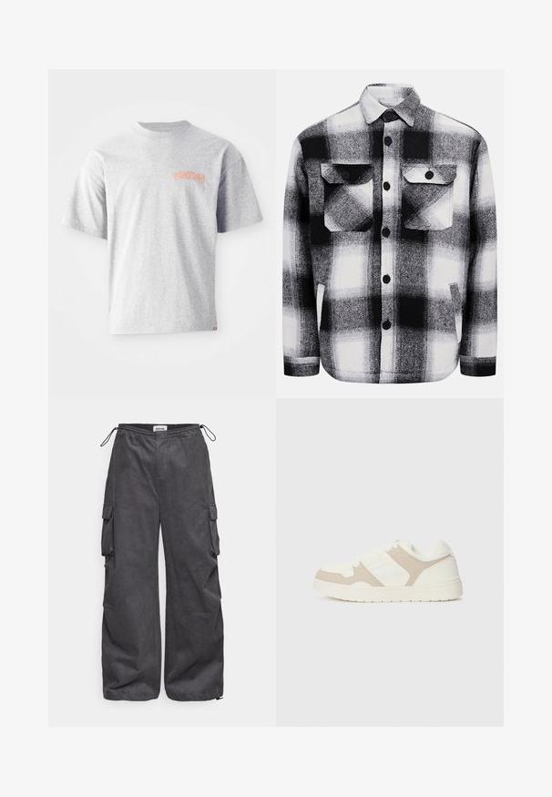 Pelēks īsajām piedurknēm T-krekls no kokvilnas, ar apaļu kakla izgriezumu un oranžu izšūtu "DICKIES" logotipu kreisajā krūtīs.; Melnbalts pārbaudīts flaneles krekls, kas aprīkots ar divām priekšējām kabatām, pogu aizdari un mīkstu tekstūru. Klasiska auduma raksts.; Pelēki kravas bikses ar teksturētu audumu, elastīgu jostu, auklu un sānu kabatu detaļām. Brīvs piegriezums ar platām kājām.; Baltas un bežs kedas ar gludu un zamšveida tekstūru apvienojumu, apaļu purngali, saiteņu aizdari un platu gumijas zoli.