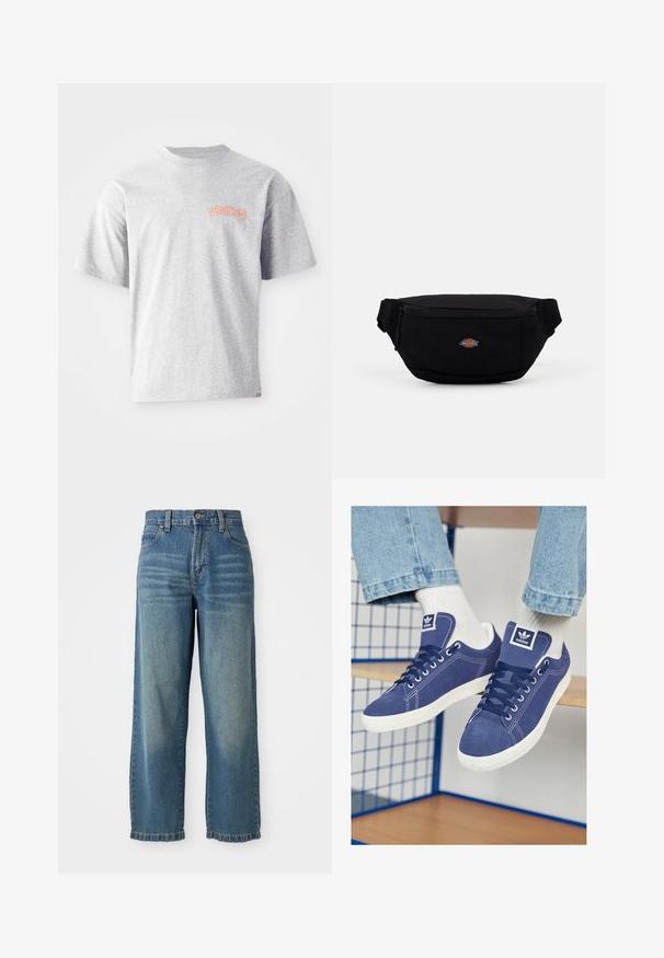 Pilkos spalvos trumparankovė marškinėliai, pagaminti iš medvilnės, su apvalia iškirpte ir oranžiniu siuvinėjimu "DICKIES" kairėje krūtinės pusėje.; Šviesiai mėlyni džinsai plačiomis kojomis su aukštu liemeniu, penkiomis kišenėmis ir šiek tiek išblukusiu paviršiumi. Yra sagčių ir užtrauktuko uždarymas.; Tamsiai mėlyni Adidas sportbačiai, pagaminti iš zomšos, su baltais guminais padu, apvaliais pirštais ir logotipo ženkleliu ant liežuvėlio. Matomos ryškiai baltos kojinės.; Juodas audinio juosmens krepšys su užtrauktuko uždarymu, priekyje yra mažas prekės ženklo logotipas. Kompaktiškas, apvalus dizainas su reguliuojamomis diržais.