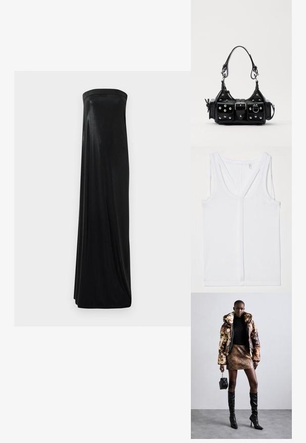Helmut Lang STRAP RACER TANK - Top - optic white; Black strapless maxi dress made of smooth, shiny fabric. Features a fitted bodice and flowing silhouette, reaching the floor without embellishments.; Puffer jacket with a brown and black pattern, paired with a brown snake print mini skirt, black knee-high boots, and a small black bag.; Black leather handbag with a curved design, featuring silver studs, a buckle, and two side pockets. Adjustable strap for carrying options.