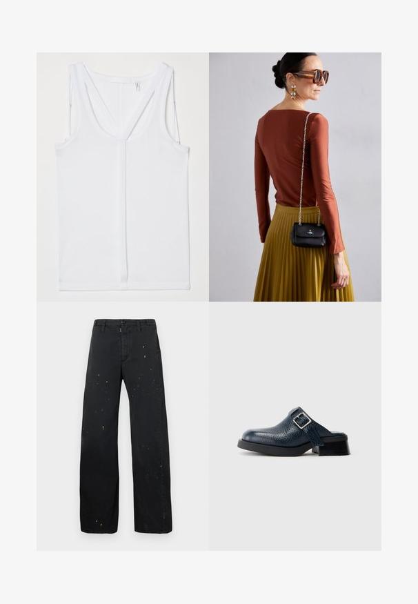 Helmut Lang STRAP RACER TANK - Top - optic white; MM6 Maison Margiela PANTS - Jeans Relaxed Fit - black; Mørkeblå lædertræsko med en struktureret overflade, udstyret med en sidestrape og sølvspænde, placeret på en lav sort hæl med en robust sål.; Vivienne Westwood SMALL PURSE CHAIN - Skuldertasker - black