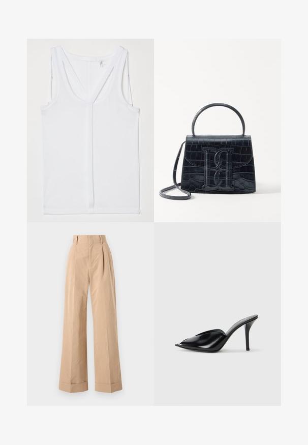 Helmut Lang STRAP RACER TANK - Top - optic white; Beige weit geschnittene Hose mit hoher Taille, mit Falten und glatter Textur. Die Säume sind umgeschlagen, was eine strukturierte Note hinzufügt.; Schwarze Leder-High-Heels mit offener Zehenpartie, spitzem Design, glatter Textur und schmalem Stiletto-Absatz.; Schwarze Handtasche aus Krokodilprägung mit strukturiertem Design, Oberhandgriff, verstellbarem Tragegurt und einem auffälligen Logo-Detail auf der Vorderseite.