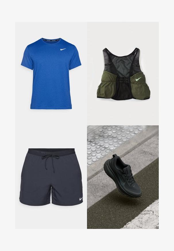 Plava sportska majica kratkih rukava od glatkog materijala s okruglim izrezom i bijelim logotipom Nike na gornjem lijevom dijelu prsa.; Nike trkačke kratke hlače, tamno siva, elastični pojas s vezicom, bočne džepove, lagani materijal, s bijelim Nike logotipom na donjem rubu.; Crna atletska cipela s glatkim tekstilnim gornjim dijelom, teksturiranim potplatom i reflektirajućim detaljima. Ima zaobljen vrh i dizajn s vezanjem.; Nike prsluk za trail trčanje u crnoj i maslinastoj boji. Ima mrežasti materijal, podesive naramenice i više spremišta na prednjoj strani.