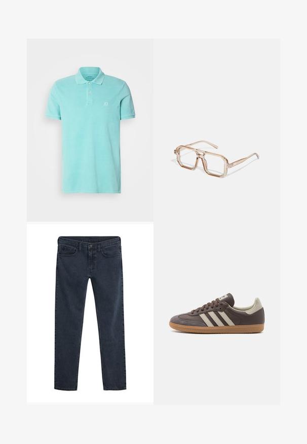 Ecoalf MAN - Polo - light tourquise; Jeans de ganga azul escuro com corte justo, design de cinco bolsos, fecho de botão e uma textura sutilmente desgastada por todo o tecido.; Sapatilha de couro castanho com três riscas de cor clara, sola de borracha de goma, bico arredondado e pormenores em camurça texturizada no calcanhar e na ponta.; Óculos hexagonais transparentes com tons de castanho claro; armações grossas e claras e hastes finas; sem logótipos ou padrões visíveis.