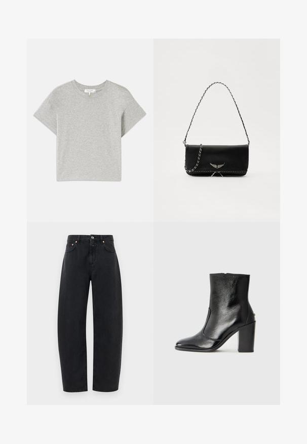 Tricou gri cu mânecă scurtă, fabricat din bumbac moale. Gât rotund, cu o croială lejeră și fără modele sau accente vizibile. Etichetă pe interior.; Jeansi negri din denim cu un design drept, cinci buzunare și accente din cupru. Țesătura are o textură netedă și o cusătură clasică.; Botină din piele neagră, cu o textură netedă, vârf ascuțit și toc gros, înalt. Dispune de o deschidere laterală și un design minimalist.; Geantă de mână din piele neagră cu un lanț din argint, având accente decorative în formă de aripi și cusături albe de-a lungul cusăturii de jos.