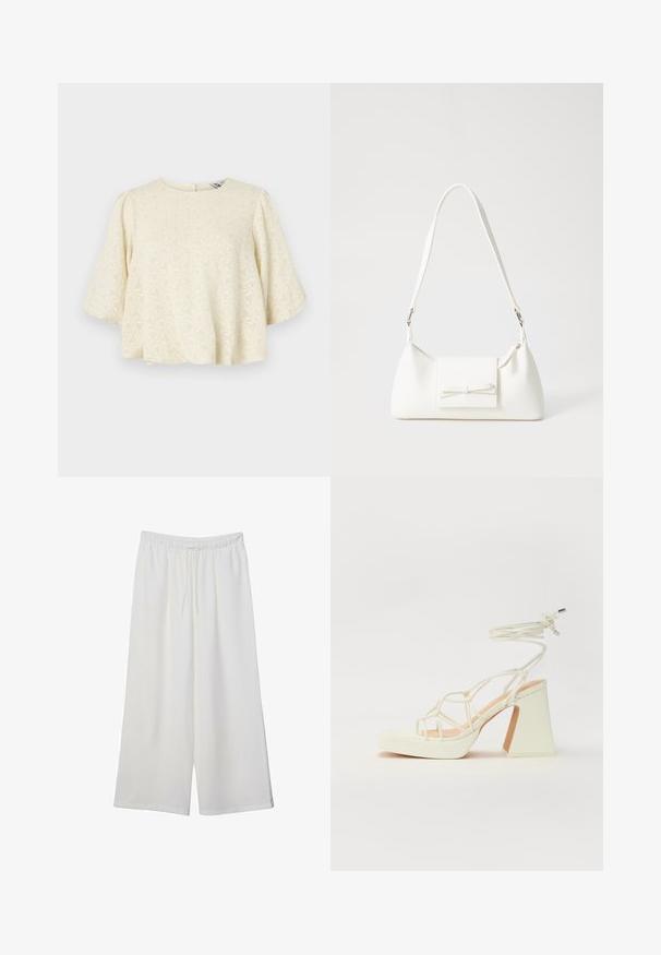 Jasnokremowa bluzka z fakturowanym wzorem, krótkimi rozkloszowanymi rękawami i zapięciem na plecach w kształcie łezki. Materiał jest miękki w dotyku.; Białe szerokie spodnie wykonane z lekkiego materiału, z elastyczną talią i sznurkiem do regulacji fasonu. Gładka tekstura.; Biała sandał na wysokim obcasie z masywnym słupkiem, z paskowym wzorem i wiązaniem przy kostce. Gładka faktura z platformą z przodu dla dodatkowej wysokości.; Biała syntetyczna torba o trójkątnym kształcie, płaskim przednim klapce i detalach w postaci kokardy, regulowanym pasku, gładkiej fakturze oraz minimalistycznym designie.