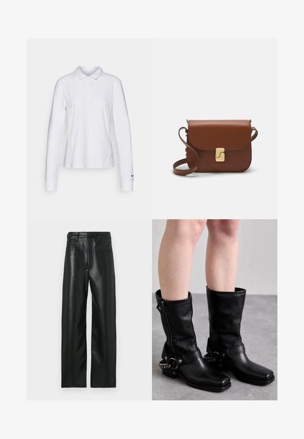 Balta garām piedurknēm polo krekls ar apkakli, pogu slīdni un melnu Nike Swoosh logotipu kreisajā piedurknē. Gluda kokvilnas auduma.; Melnas ādas bikses ar taisnu griezumu, aprīkotas ar pogu aizdari, jostas cilpām un divām priekšējām kabatām. Gluda tekstūra ar vieglu mirdzumu.; Melni ādas līdz ceļiem zābaki ar kvadrātveida purngaliem, sānu rāvējspiedi un regulējamu siksnu ar metāla ķēdes akcentu. Matēta apdare un izturīga zole.; Bordo ādas rokas soma ar atloku, zeltītām detaļām, plecu siksnu un gludu virsmu. Kompakta, taisnstūrveida forma.