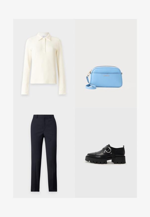 Gräddfärgad ribbad långärmad pikétröja med krage och knäppning med tre knappar. Har åtsittande manschetter och en mjuk, texturerad tyg.; Marinblå skräddarsydda byxor med rak passform, med en slät textur, två framfickor och en ren midjeband.; Svarta läderskor med en kraftig, ribbad sula, med en cirkulär silverdetalj och minimal sömdekoration.; Ljusblå lädercrossbodyväska med guldtonade detaljer, dragkedjestängning och en framficka. Försedd med en justerbar rem för bekvämlighet.