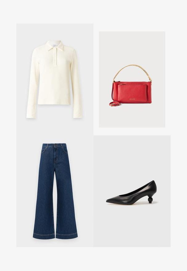 Cream ribbed long-sleeve polo shirt with a collar and three-button placket. Features fitted cuffs and a soft, textured fabric.; Wide-leg blue denim jeans with a high waist, featuring a button closure, belt loops, and subtle stitching details along the pockets and hems.; Black leather high heel shoe with a pointed toe and a round, balled heel. Smooth texture with a sleek, minimal design.; Red leather handbag with a textured finish, gold chain and strap, front zipper pocket, and embossed logo. Compact and structured design.
